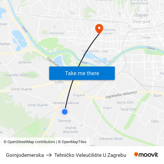 Gornjodemerska to Tehničko Veleučilište U Zagrebu map