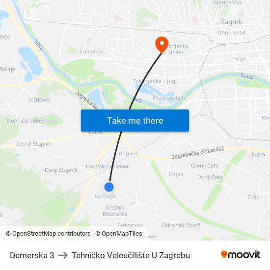 Demerska 3 to Tehničko Veleučilište U Zagrebu map