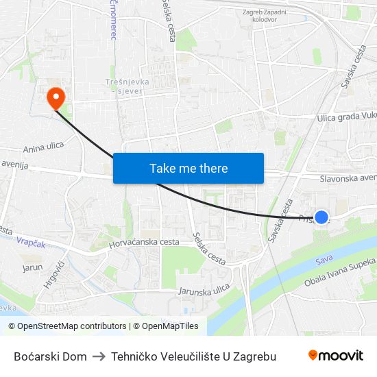 Boćarski Dom to Tehničko Veleučilište U Zagrebu map