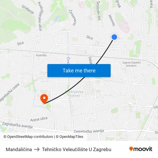 Mandaličina to Tehničko Veleučilište U Zagrebu map