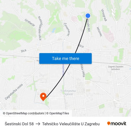 Šestinski Dol 58 to Tehničko Veleučilište U Zagrebu map