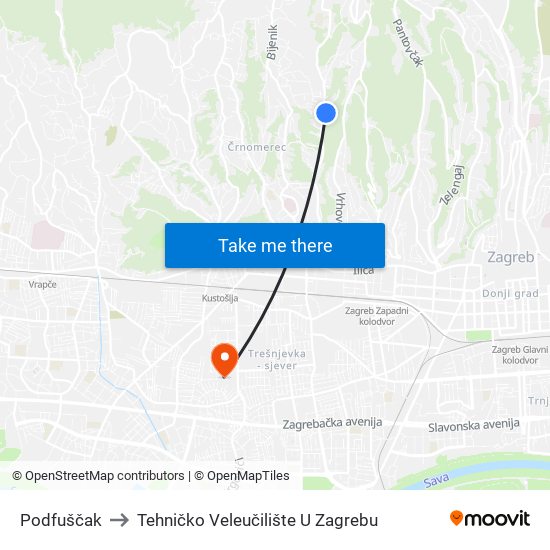 Podfuščak to Tehničko Veleučilište U Zagrebu map