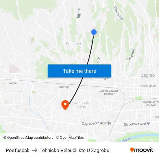 Podfuščak to Tehničko Veleučilište U Zagrebu map