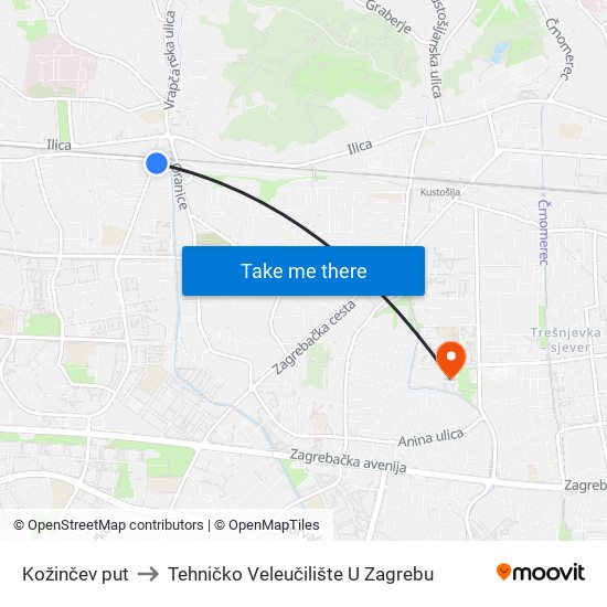 Kožinčev put to Tehničko Veleučilište U Zagrebu map