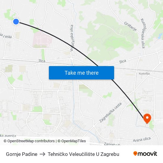 Gornje Padine to Tehničko Veleučilište U Zagrebu map