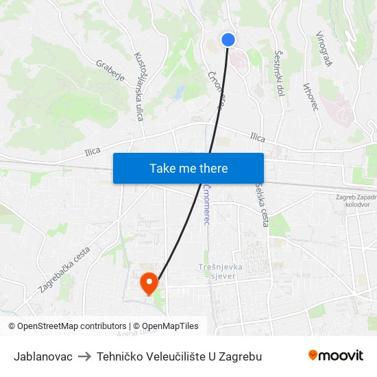 Jablanovac to Tehničko Veleučilište U Zagrebu map