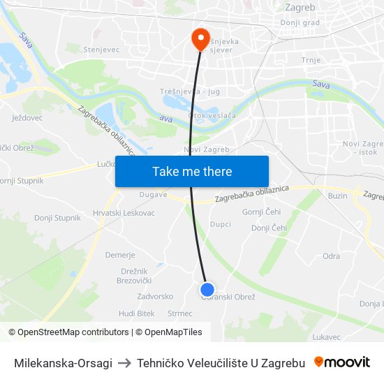 Milekanska-Orsagi to Tehničko Veleučilište U Zagrebu map