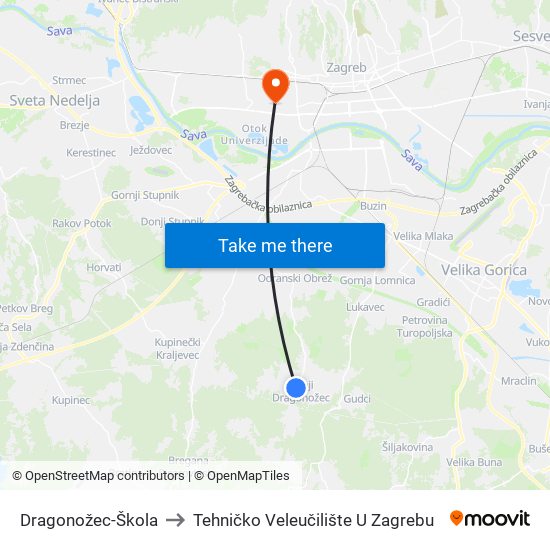 Dragonožec-Škola to Tehničko Veleučilište U Zagrebu map