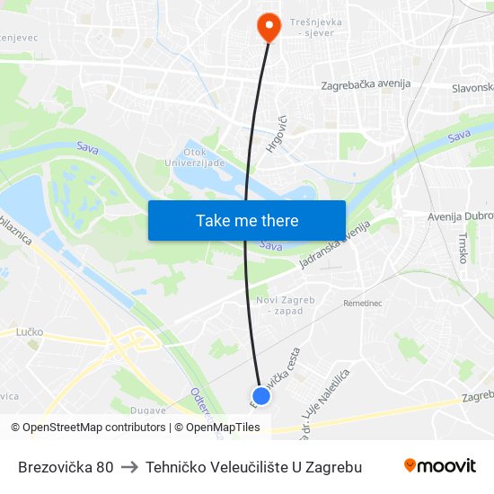 Brezovička 80 to Tehničko Veleučilište U Zagrebu map