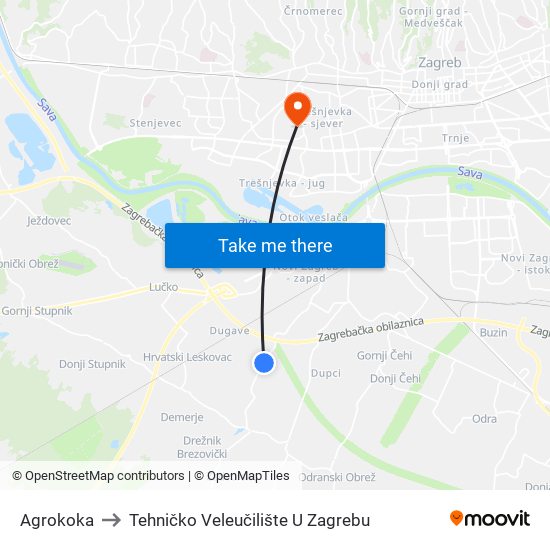 Agrokoka to Tehničko Veleučilište U Zagrebu map