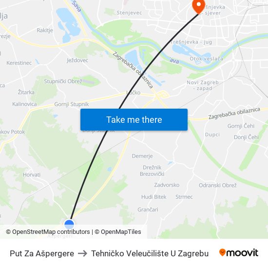 Put Za Ašpergere to Tehničko Veleučilište U Zagrebu map