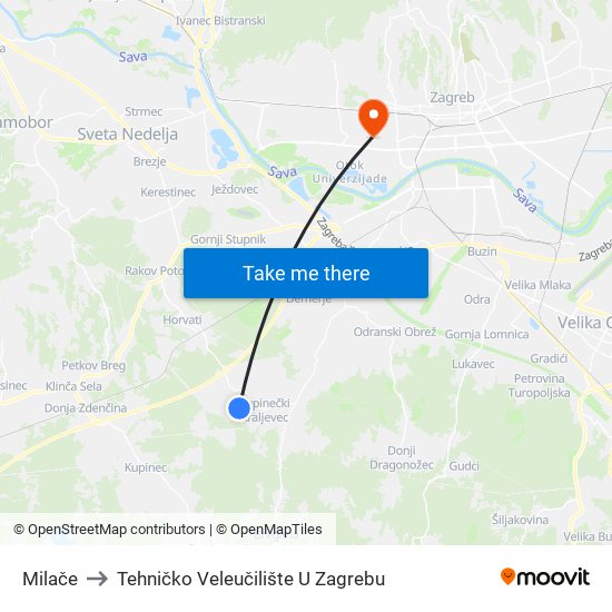 Milače to Tehničko Veleučilište U Zagrebu map