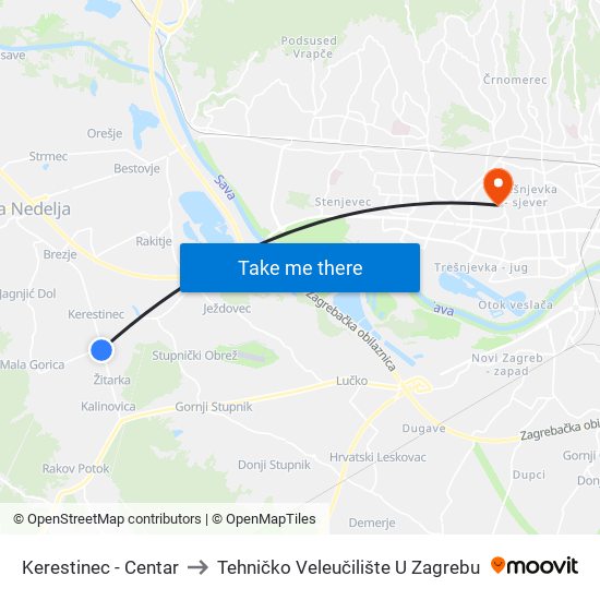Kerestinec - Centar to Tehničko Veleučilište U Zagrebu map