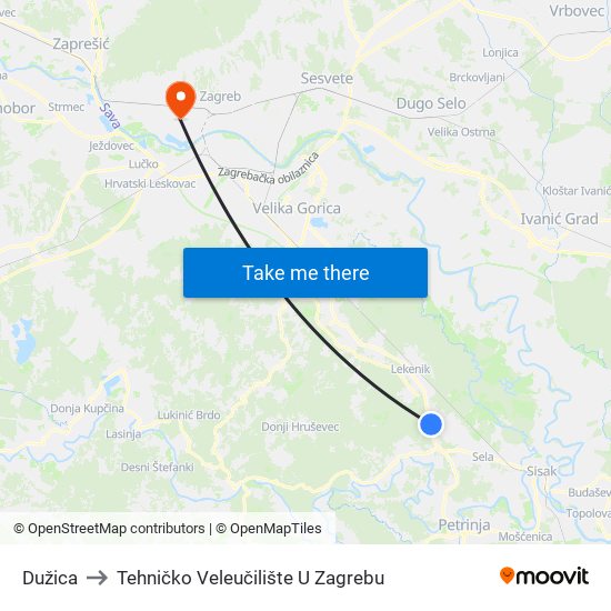 Dužica to Tehničko Veleučilište U Zagrebu map