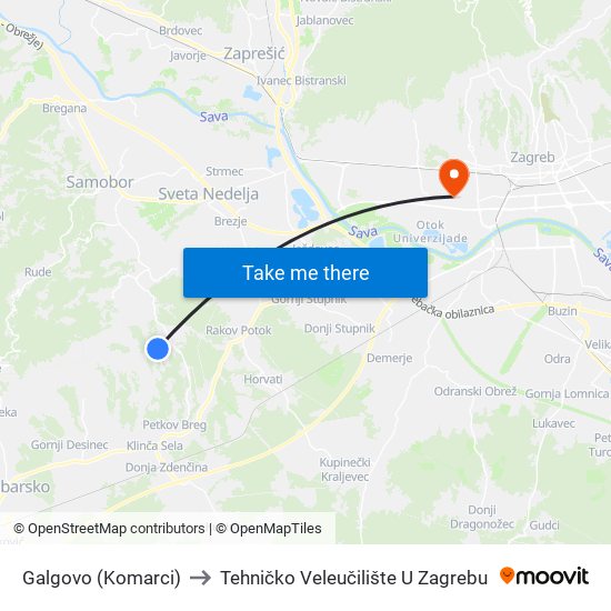 Galgovo (Komarci) to Tehničko Veleučilište U Zagrebu map