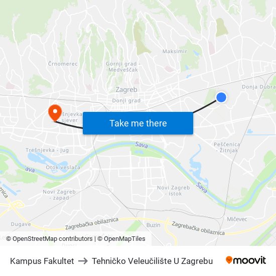 Kampus Fakultet to Tehničko Veleučilište U Zagrebu map