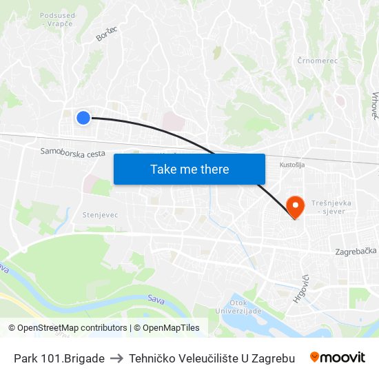 Park 101.Brigade to Tehničko Veleučilište U Zagrebu map