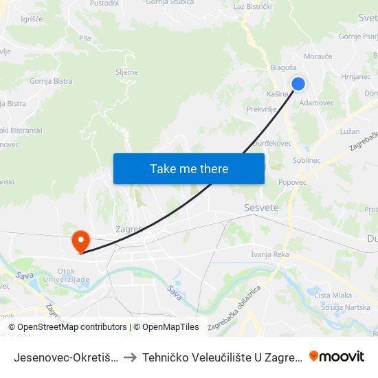 Jesenovec-Okretište to Tehničko Veleučilište U Zagrebu map