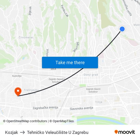 Kozjak to Tehničko Veleučilište U Zagrebu map