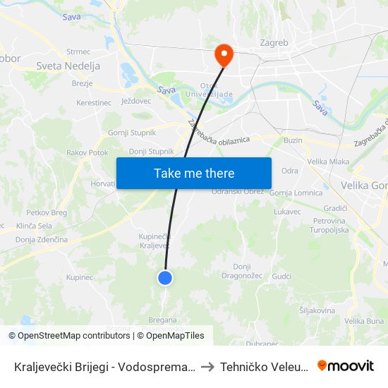 Kraljevečki Brijegi - Vodosprema (Kupinečki Kraljevac - Tihi Gaj) to Tehničko Veleučilište U Zagrebu map