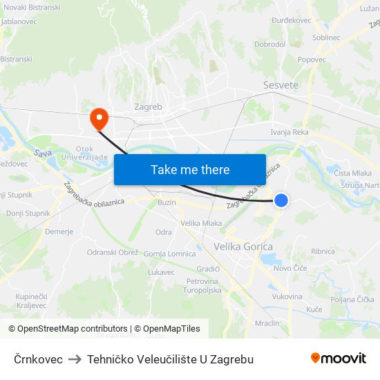 Črnkovec to Tehničko Veleučilište U Zagrebu map