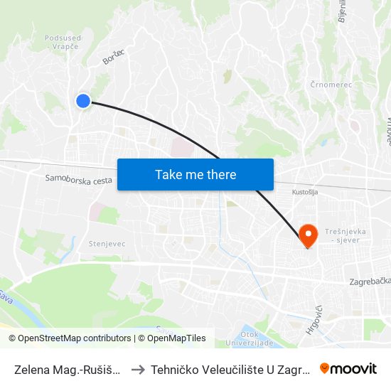 Zelena Mag.-Rušiščak to Tehničko Veleučilište U Zagrebu map