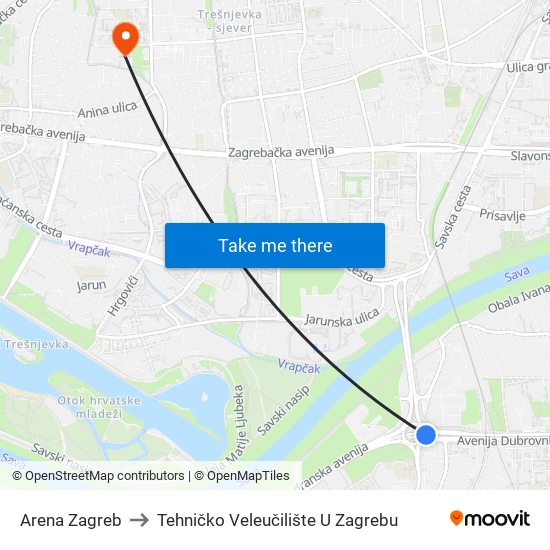 Arena Zagreb to Tehničko Veleučilište U Zagrebu map