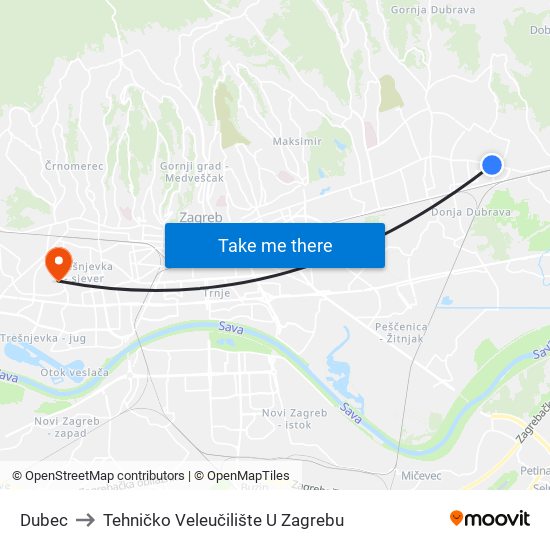 Dubec to Tehničko Veleučilište U Zagrebu map