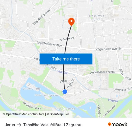 Jarun to Tehničko Veleučilište U Zagrebu map