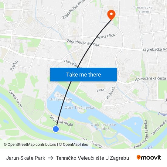 Jarun-Skate Park to Tehničko Veleučilište U Zagrebu map