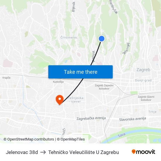 Jelenovac 38d to Tehničko Veleučilište U Zagrebu map