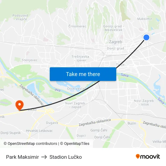 Park Maksimir to Stadion Lučko map