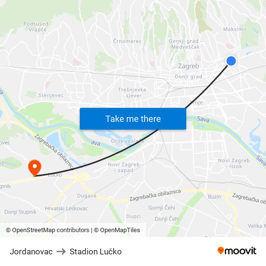 Jordanovac to Stadion Lučko map