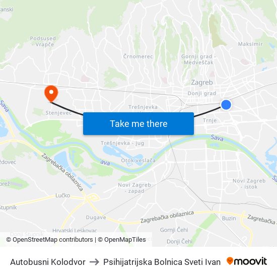 Autobusni Kolodvor to Psihijatrijska Bolnica Sveti Ivan map