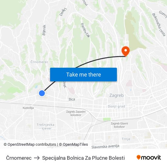 Črnomerec to Specijalna Bolnica Za Plućne Bolesti map