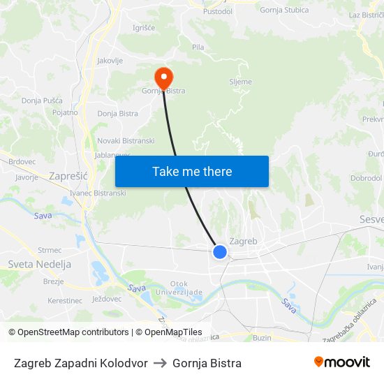 Zagreb Zapadni Kolodvor to Gornja Bistra map