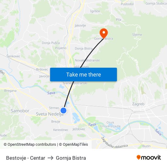 Bestovje - Centar to Gornja Bistra map