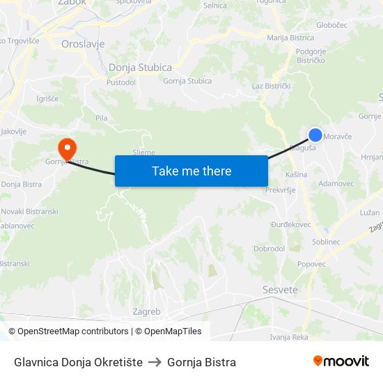 Glavnica Donja Okretište to Gornja Bistra map