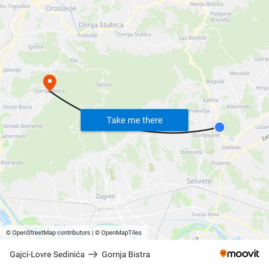 Gajci-Lovre Sedinića to Gornja Bistra map