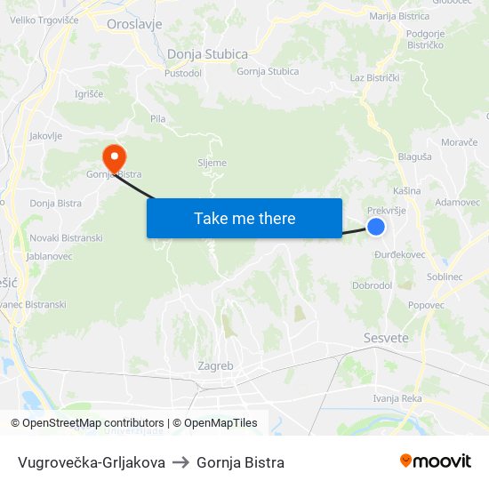 Vugrovečka-Grljakova to Gornja Bistra map