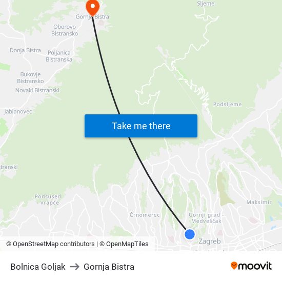 Bolnica Goljak to Gornja Bistra map