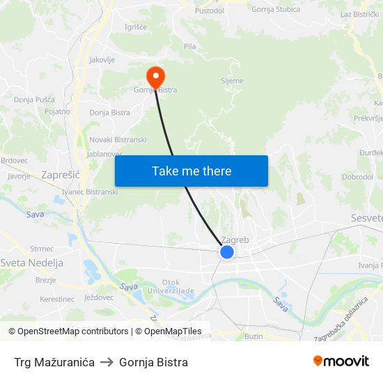 Trg Mažuranića to Gornja Bistra map