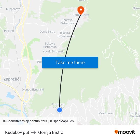 Kudekov put to Gornja Bistra map