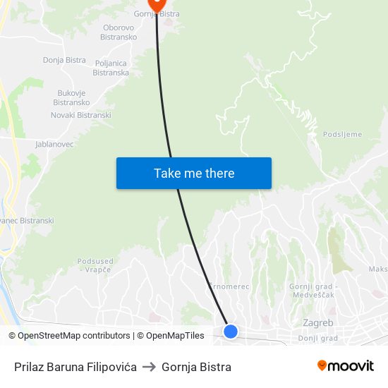 Prilaz Baruna Filipovića to Gornja Bistra map