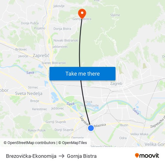 Brezovička-Ekonomija to Gornja Bistra map