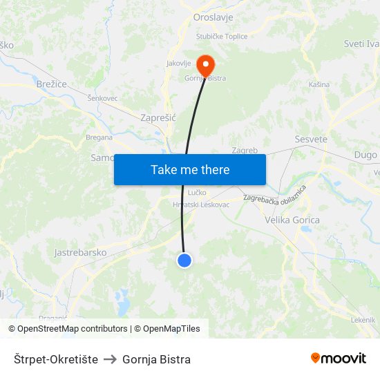 Štrpet-Okretište to Gornja Bistra map