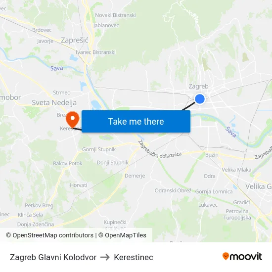 Zagreb Glavni Kolodvor to Kerestinec map