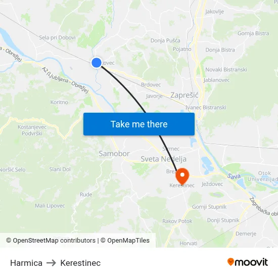 Harmica to Kerestinec map