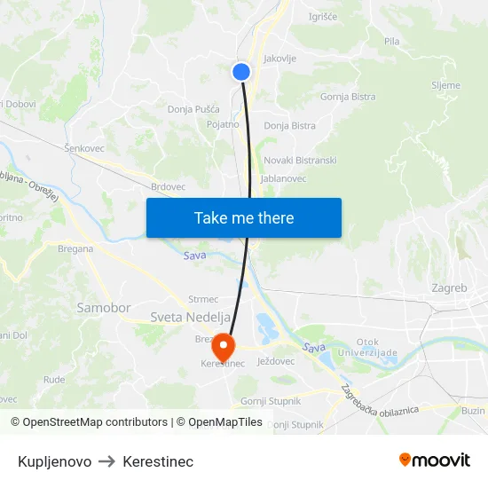 Kupljenovo to Kerestinec map
