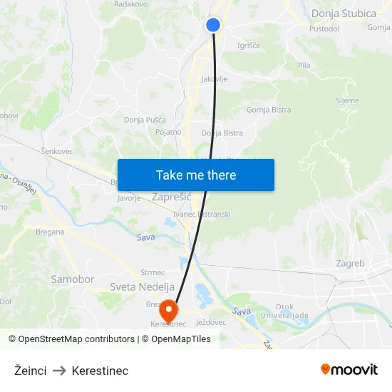 Žeinci to Kerestinec map